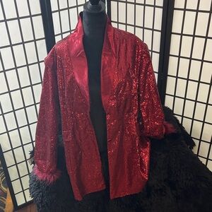 Red Sequin Blazer with Feather Cuffs